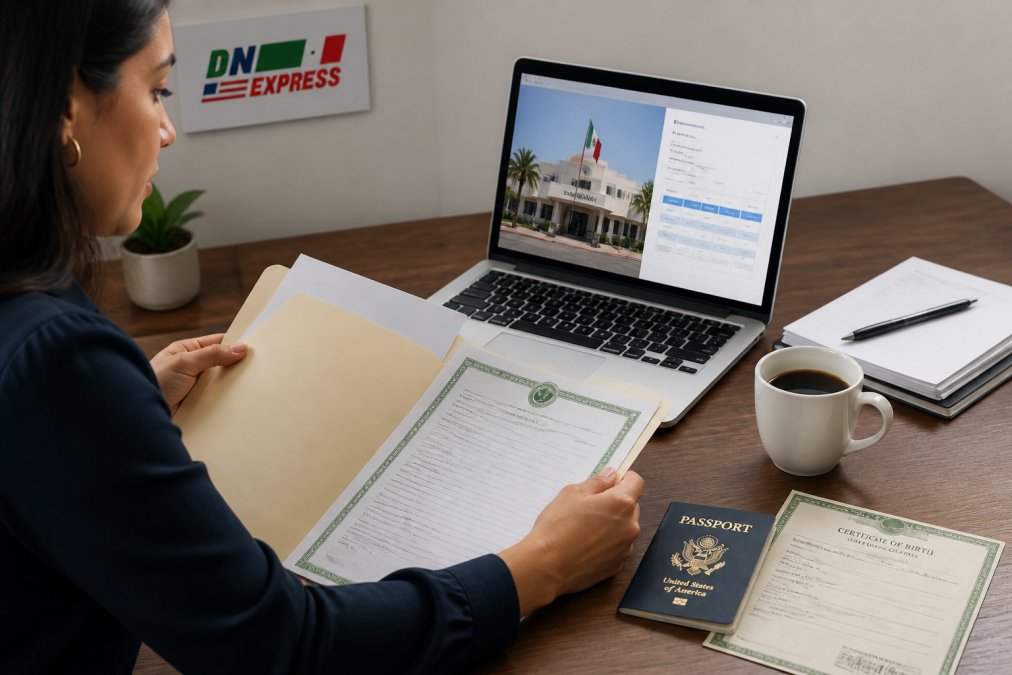 A person reviewing a folder of official documents at a desk with a laptop open to a consulate appointment page, passport and birth certificate visible nearby
