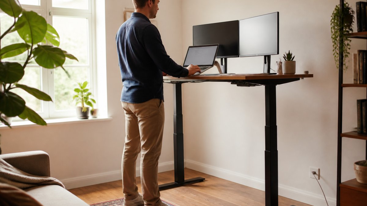 A person working at a fully raised height-adjustable desk with two monitors and a laptop, hands typing, in a bright home office with a plant and window light