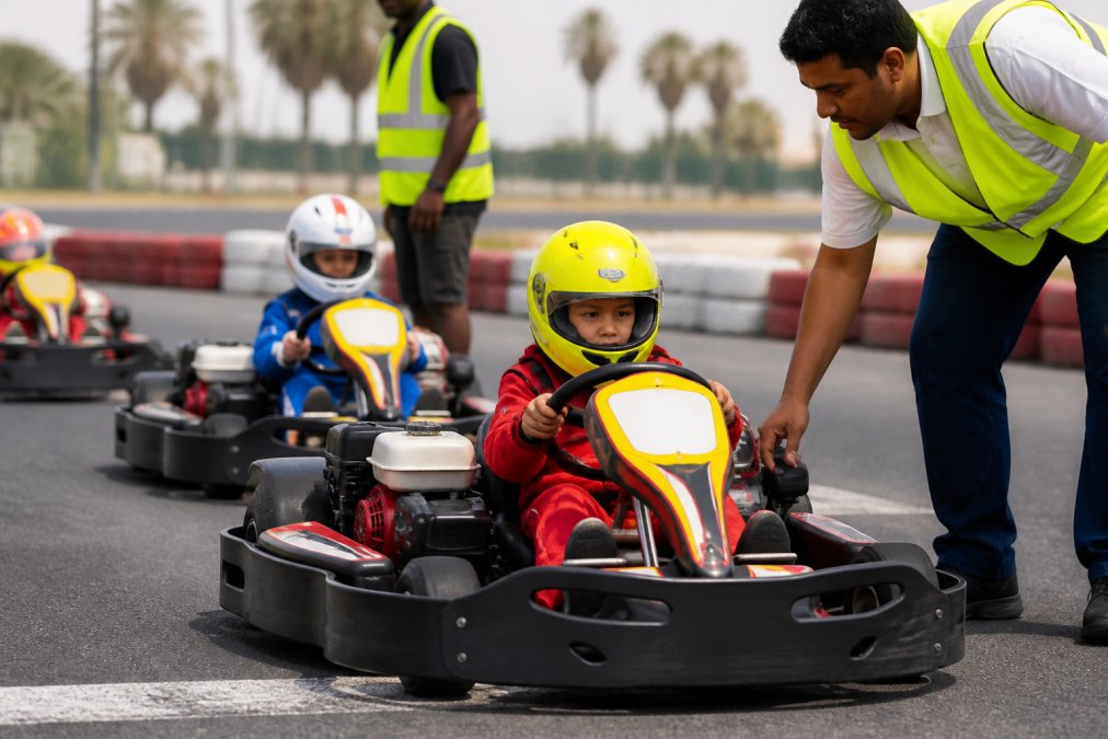 Young children wearing bright helmets and fitted racing suits sitting in go-karts on the track, concentrating intently as they grip the steering wheel, with track officials nearby in safety vests
