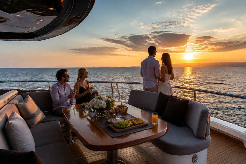 Elegant yacht deck with comfortable lounge seating, ocean horizon views, and guests enjoying sunset with refreshments in warm golden light