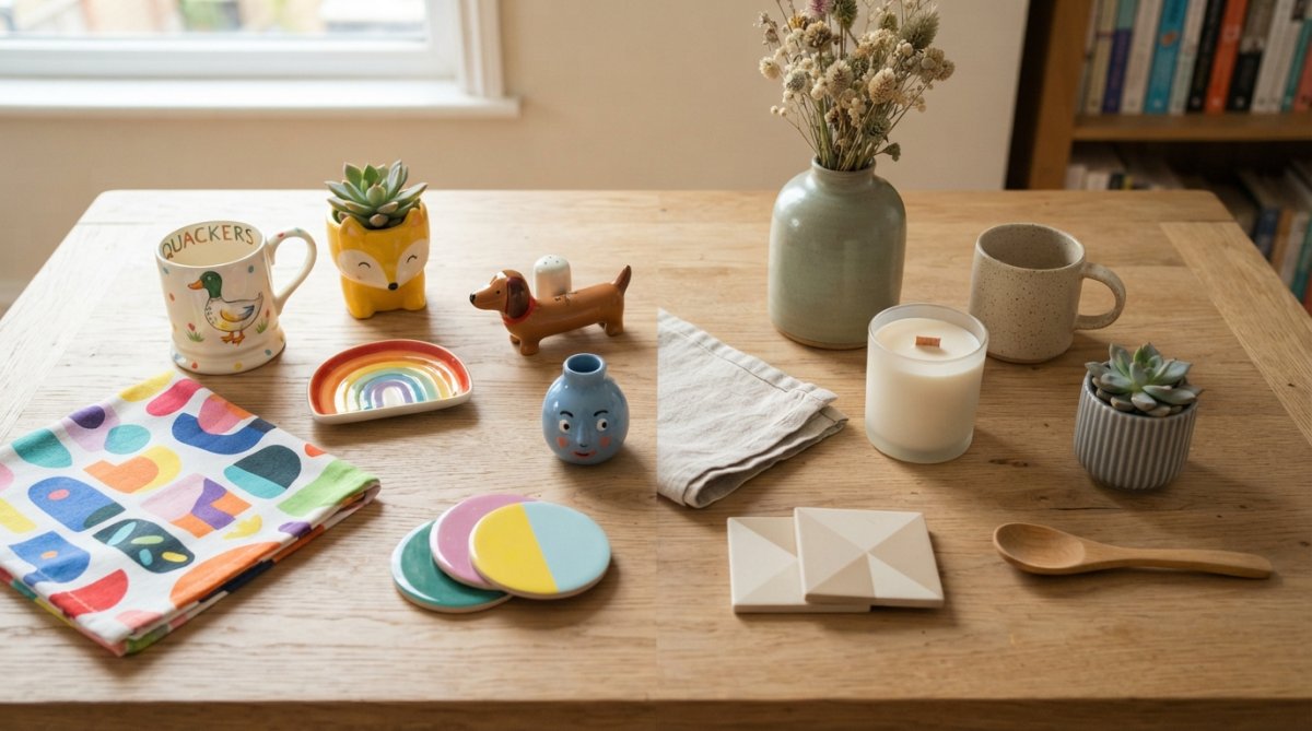 A flat-lay photo on a light wooden table showing two contrasting groups of home decor, one side with bright, colourful and humorous accessories like characterful mugs and plant pots, the other with muted beige and sage ceramics, vases and minimalist candles, shot in soft natural daylight