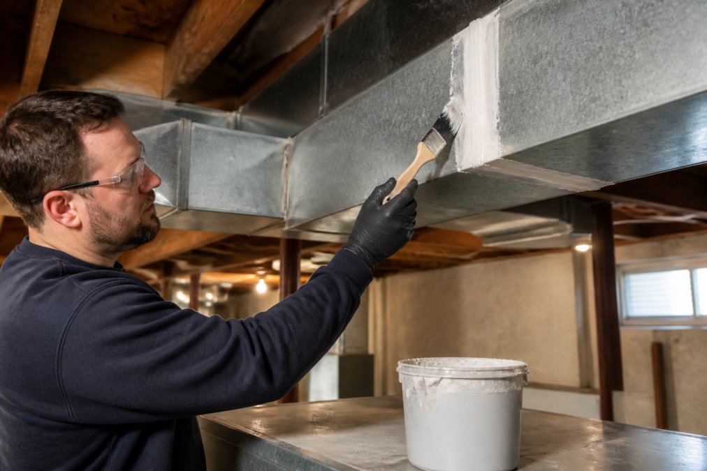 A licensed HVAC technician wearing gloves and safety glasses applying mastic sealant to a metal duct joint in a residential basement, with a brush and bucket nearby