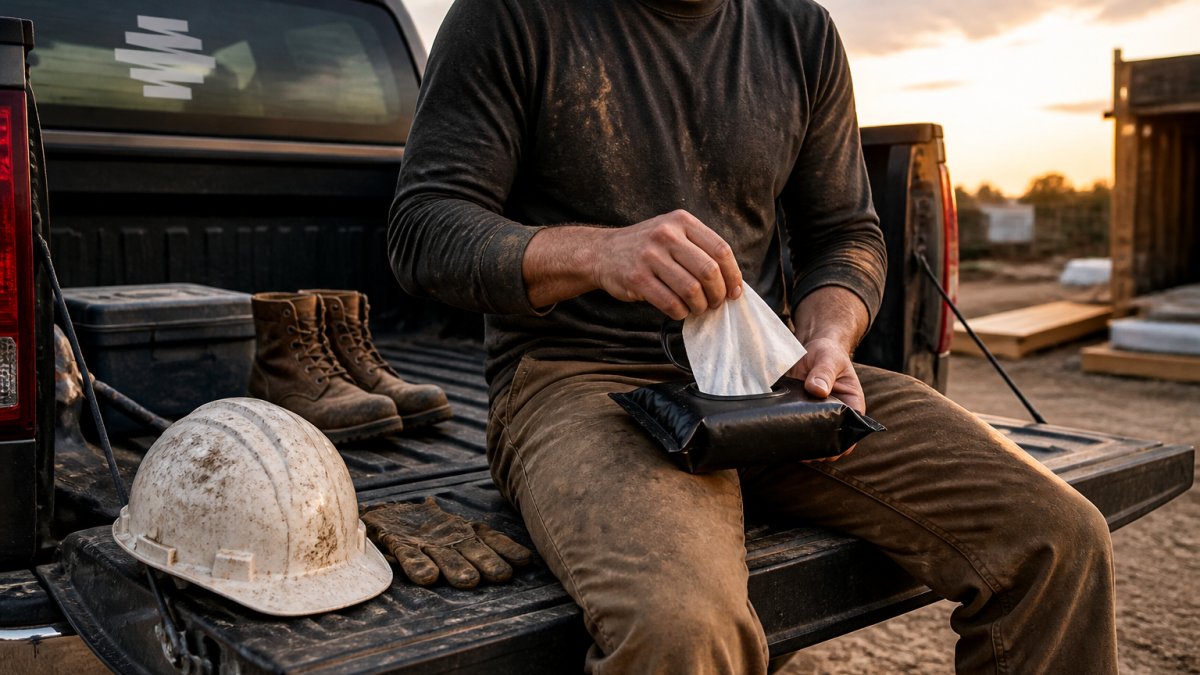 Man in dusty work clothes using a large refreshing wipe while sitting on a truck tailgate at sunset