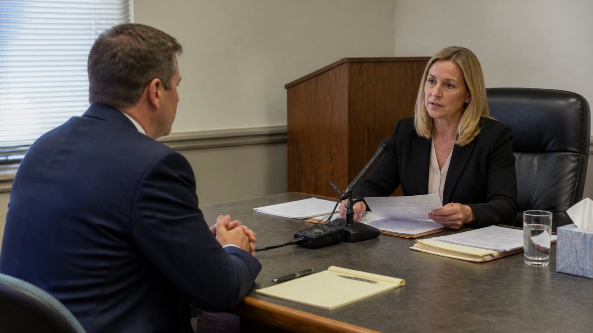 Professional in business attire sitting across from hearing officer at DMV administrative hearing table with documents and audio recording equipment visible