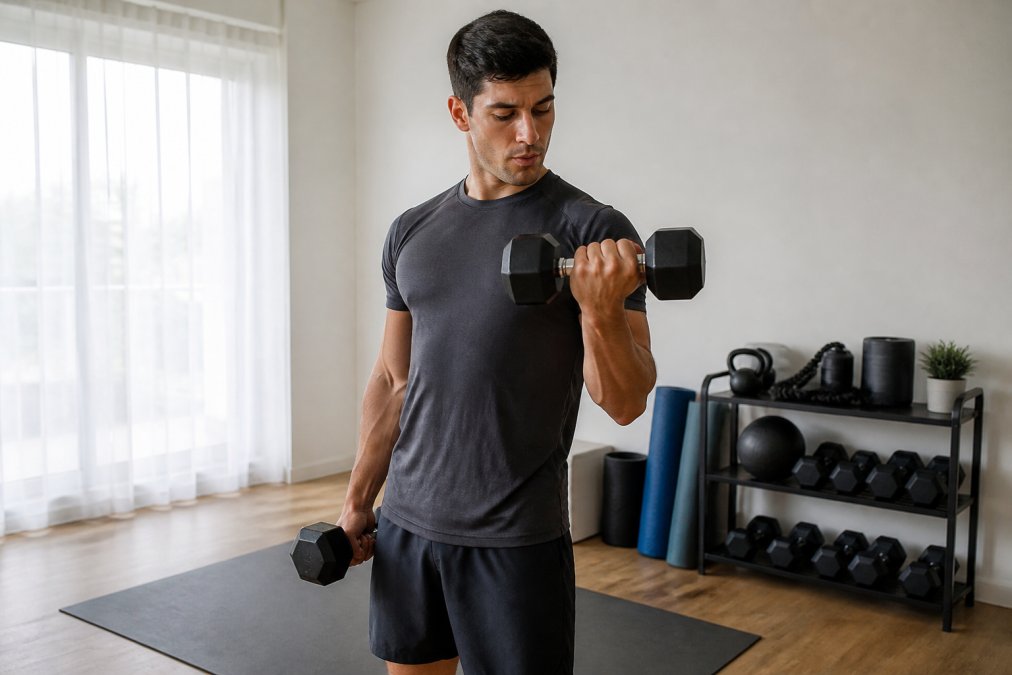 A person performing a dumbbell curl with a pair of rubber hex 15 lb dumbbells in a bright, minimalist home gym with a yoga mat and compact storage rack in the background