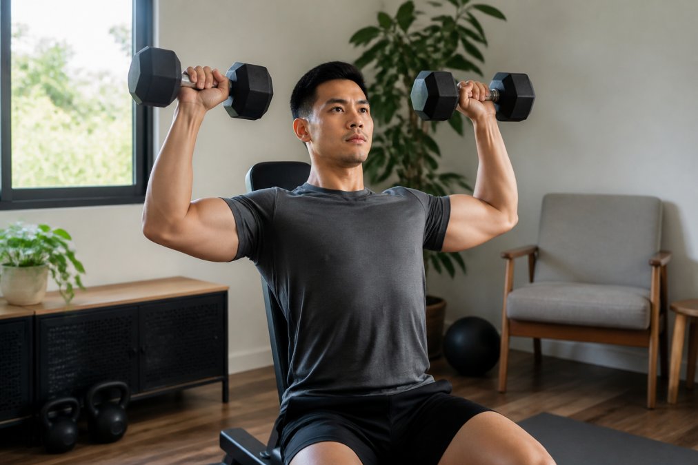 A fitness-focused adult performing a dumbbell shoulder press with 15 lb weights in a clean home workout space, natural light, athletic wear, focused expression
