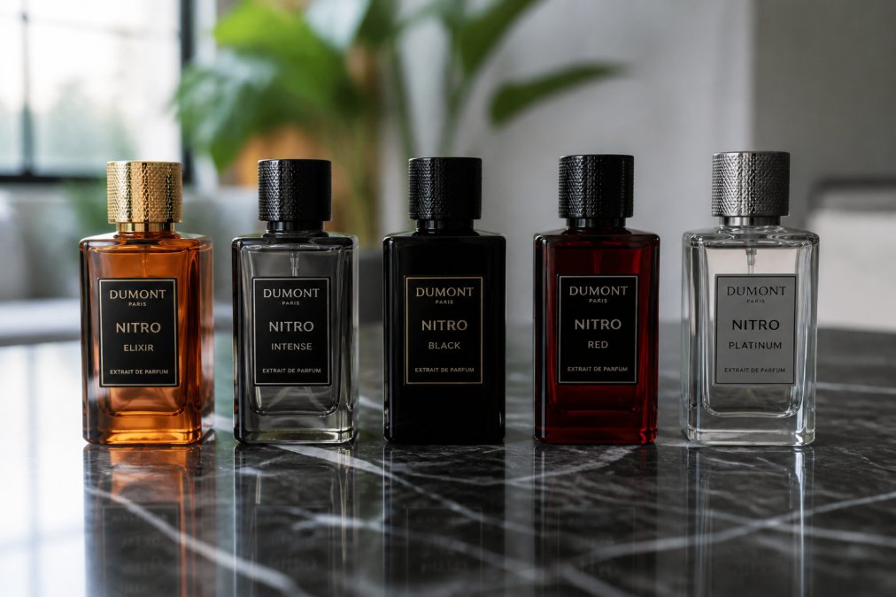 Infographic comparing scent profiles and pricing for the Dumont Paris Nitro fragrance collection