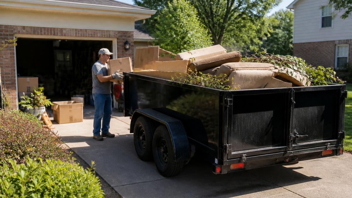 Homeowner loading a driveway-safe dump trailer with cardboard boxes, old furniture, and yard waste during a sunny garage cleanout, with the trailer positioned safely on a residential driveway