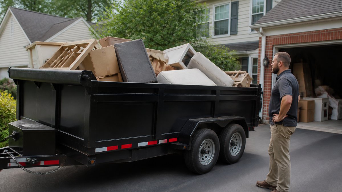 Property manager overseeing a driveway-safe dump trailer loaded with old furniture, boxes, and household items during a tenant move-out cleanout in residential driveway setting with natural daylight