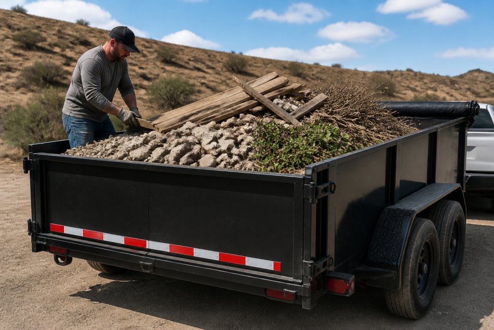 Homeowner carefully stacking construction debris and yard waste into a dump trailer with materials centered and evenly distributed, using proper weight distribution techniques with natural daylight