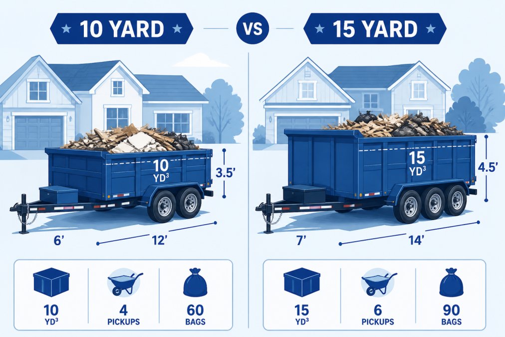 Side-by-side comparison of two different-sized dump trailers parked at a residential property showing scale and capacity differences, with visible cubic yard markings and materials partially loaded