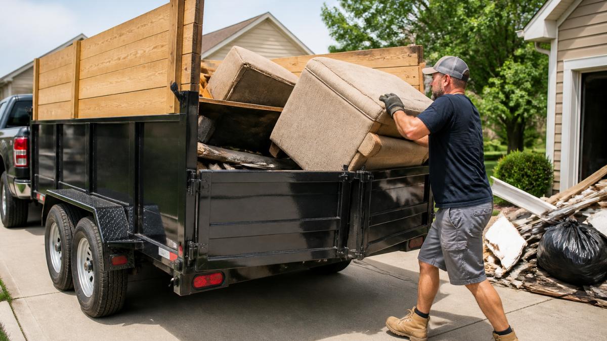 Homeowner loading bulky furniture and construction debris into an open dump trailer positioned in a residential driveway on a sunny afternoon