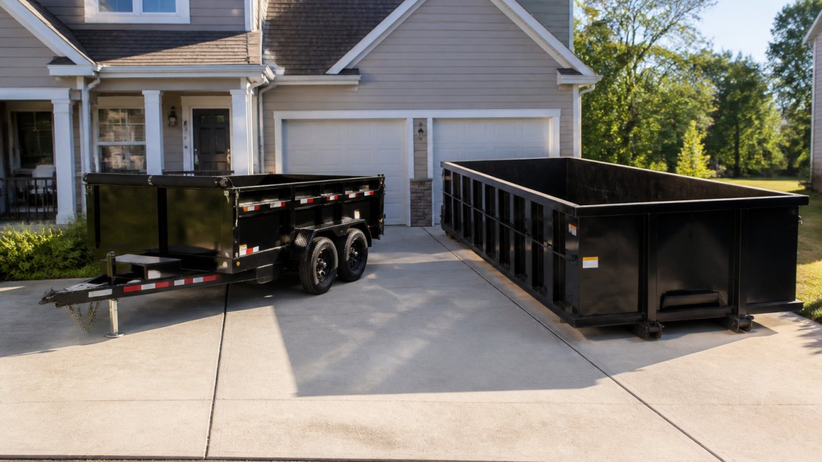 Infographic comparing the size and footprint of a dump trailer vs roll-off dumpster in a residential driveway.