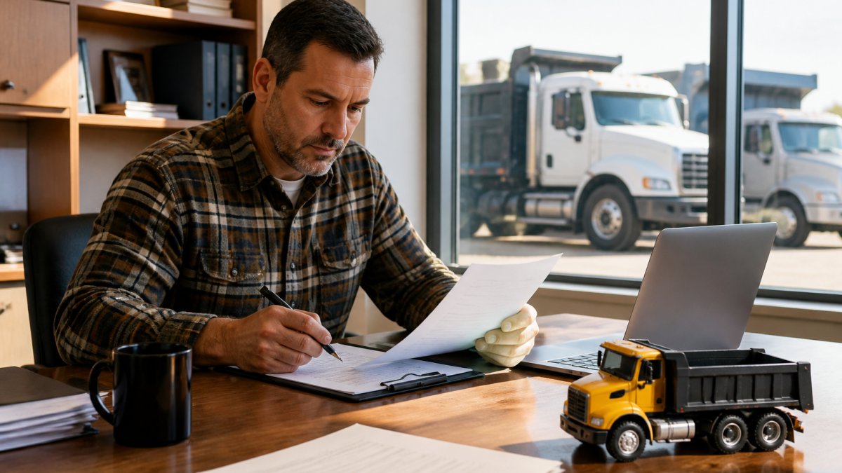 A construction business owner in a plaid shirt reviewing financing paperwork at a wooden desk, laptop open beside a coffee mug and a die-cast dump truck model, morning light through office windows