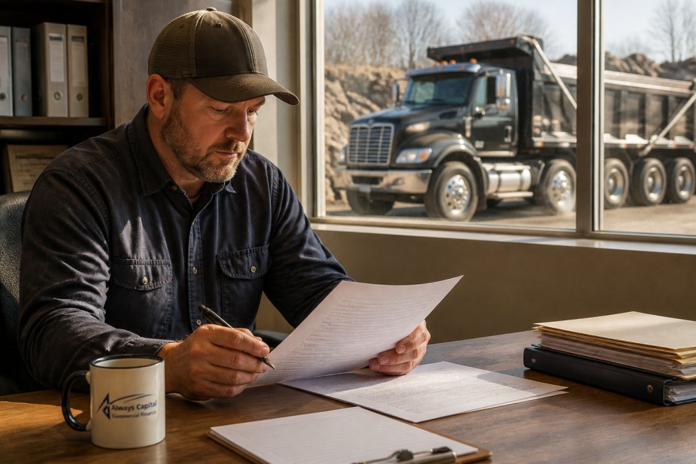 Professional illustration showing construction and business and owner concepts for dump truck financing