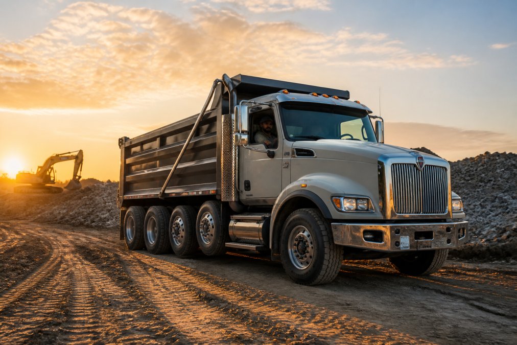 A modern dump truck parked at a construction site with a driver in the cab, golden hour lighting casting long shadows across the dirt lot
