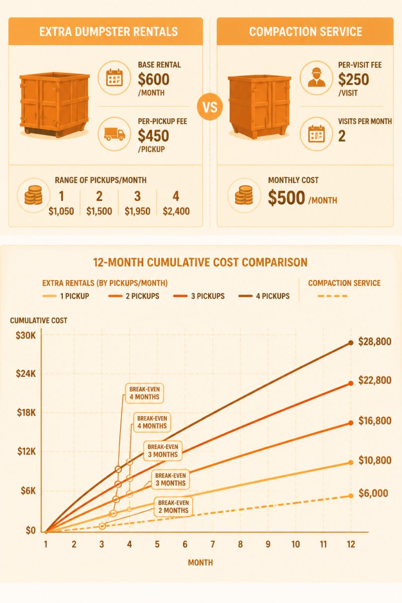 Bar chart comparing cumulative 12-month costs: extra dumpster rentals (base rental $X/month plus per-pickup fees adding up) vs compaction service (per-visit fee multiplied by monthly frequency) showing intersection point where compaction becomes more cost-effective