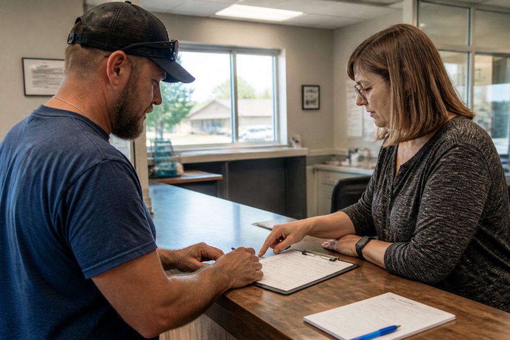 Homeowner reviewing dumpster permit application paperwork with a city clerk at a municipal office counter