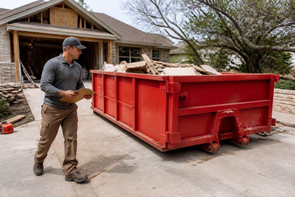 A homeowner in work clothes walking around a driveway dumpster, checking that the area is clear of obstacles and the load is level, with a clipboard in hand and a residential renovation visible in the background