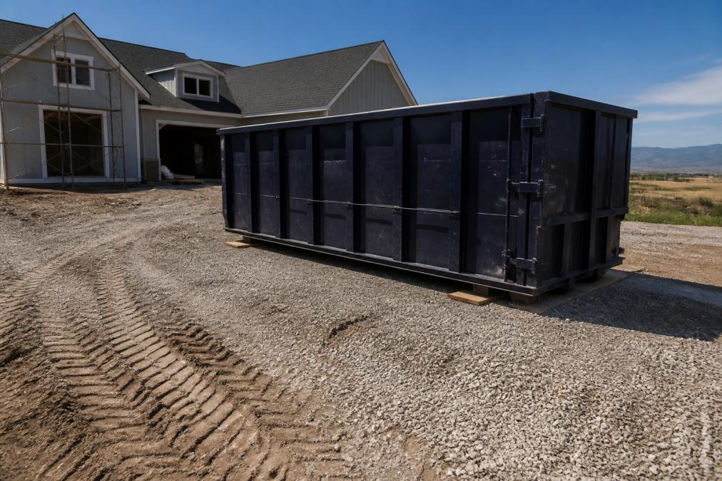 Roll-off dumpster placement on a gravel pad with protective plywood boards under the rails