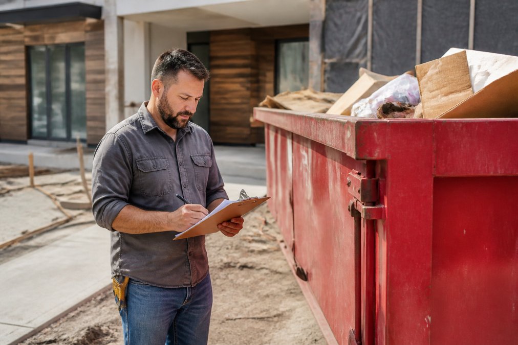 A property manager or contractor reviewing project notes and making notes on a clipboard while standing next to a loaded dumpster on a job site, with clear daylight illuminating the work area