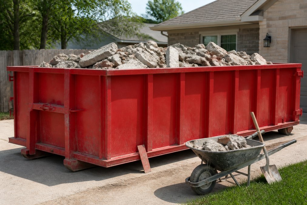 A 15-yard roll-off dumpster parked on a residential driveway, filled with broken concrete slabs and brick rubble, with a wheelbarrow and shovel nearby on a sunny day