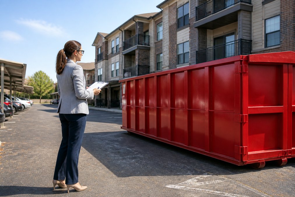 A property manager in professional attire standing next to a roll-off dumpster in an apartment complex parking lot, holding a clipboard and reviewing the site on a sunny morning