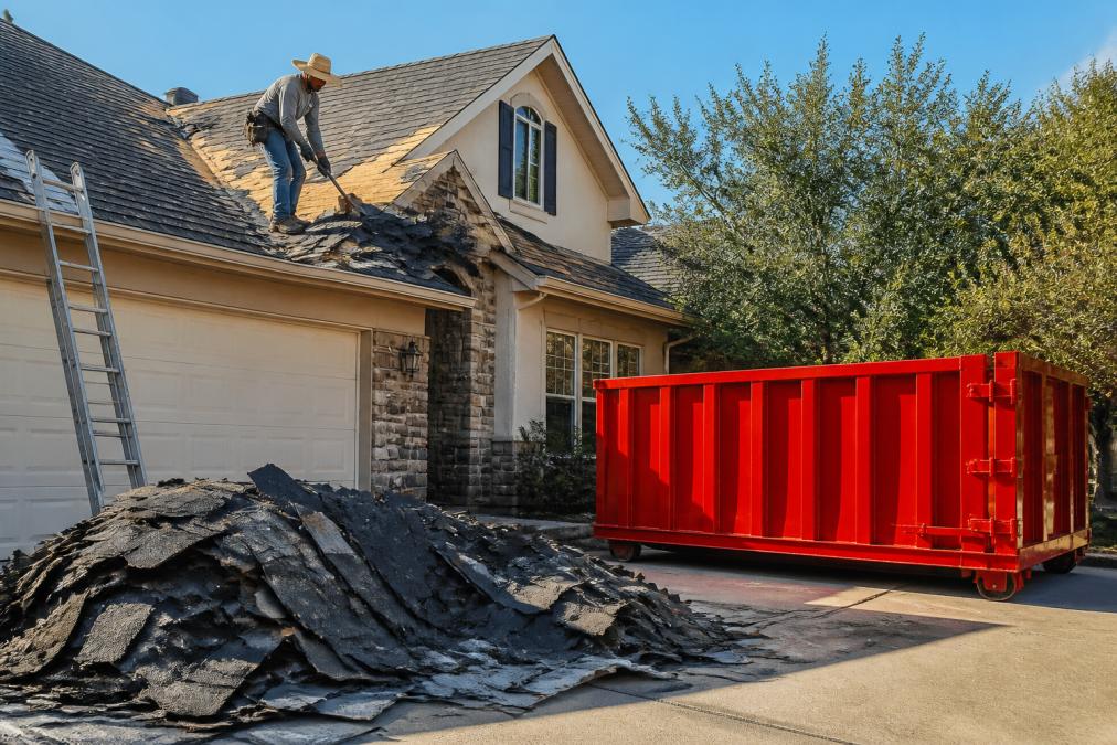 Professional roofer removing asphalt shingles from residential roof, showing debris staged on driveway near a roll-off dumpster under clear morning light