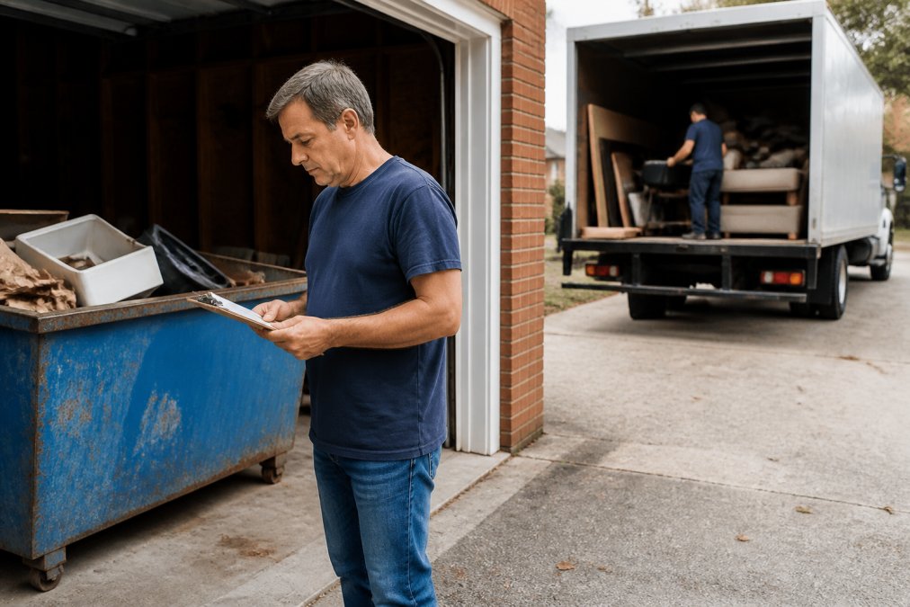 A homeowner standing in a cluttered garage next to a rented dumpster, looking at a clipboard with a moving checklist, while a full-service hauling truck is visible in the driveway behind them