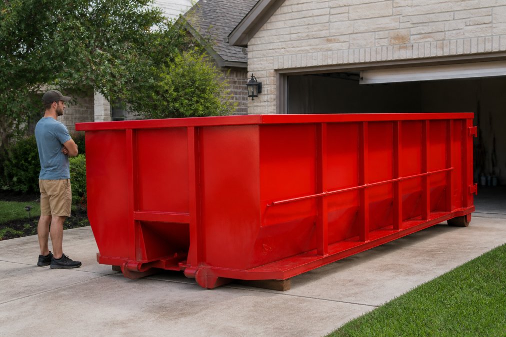 A roll-off dumpster positioned in a residential driveway with a homeowner standing nearby, showing the typical setup and scale of a rental container on a property