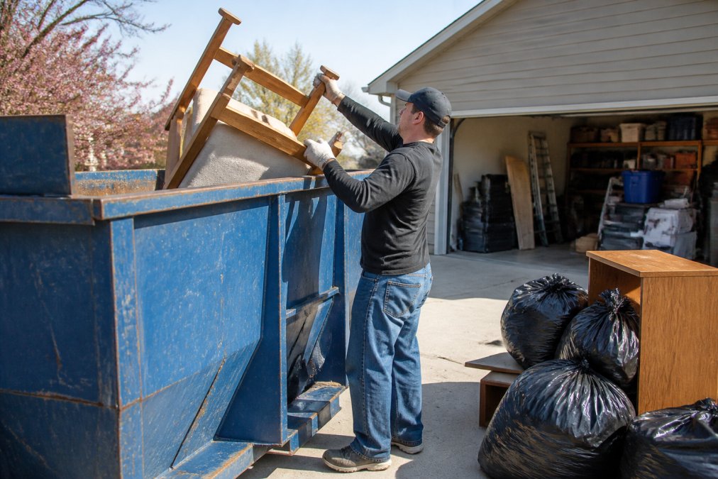 A homeowner in work clothes and gloves loading old furniture and bagged clutter into a roll-off dumpster parked in a residential driveway on a sunny spring day, with a tidy garage visible in the background