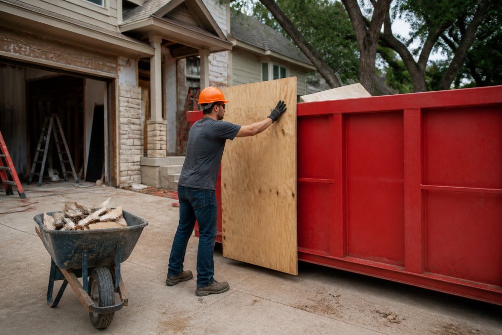 A worker in a hard hat and gloves placing a plywood sheet against the side of a steel roll-off dumpster in a residential driveway, with a wheelbarrow of debris nearby and a house under renovation in the background