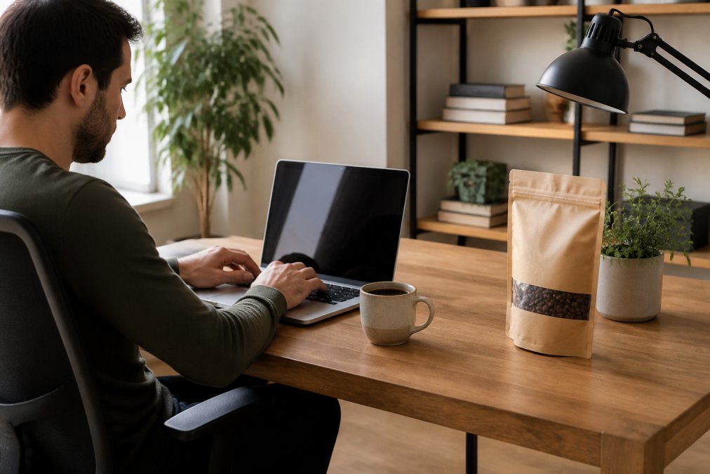 Remote worker at home office with laptop open, coffee cup on desk, and a package of freshly roasted coffee beans beside the computer