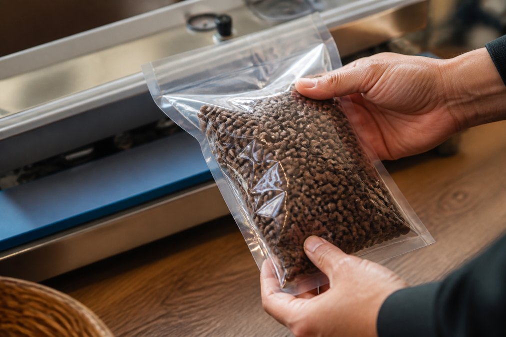 Close-up of freshly roasted coffee beans being packaged and sealed for shipment, with hands holding a vacuum-sealed bag against a neutral background