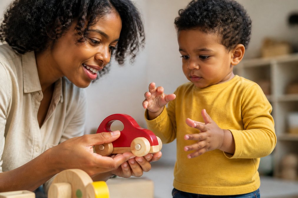 A parent's hands inspecting the smooth edges and sturdy construction of a colourful wooden toy car, with a child's hands reaching for it nearby in warm natural light
