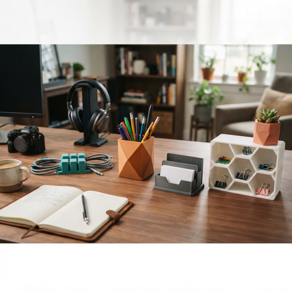 Close-up of a professionally organized desk featuring multiple 3D printed organizers in various colors and materials, including cable clips, pen holders, card storage, and modular shelving units with natural office lighting