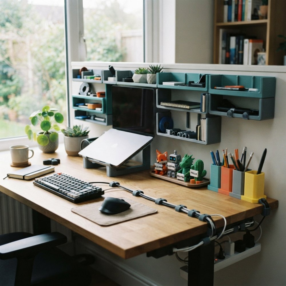 Modern home office desk with integrated 3D printed modular shelving system, desk buddies with interchangeable signs, organized cable management clips, and color-coordinated pen holders, demonstrating a complete personalized workspace transformation with natural window lighting