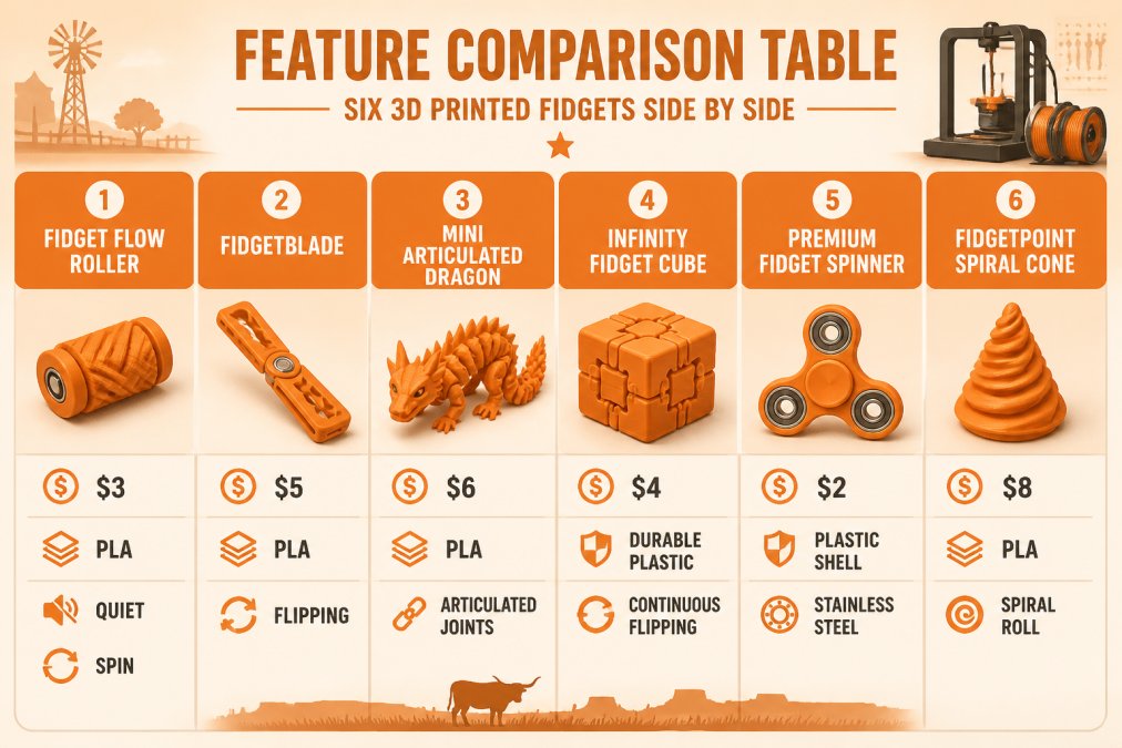 Comparison matrix of six TXMRB fidgets showing Fidget Flow Roller $3 PLA quiet spin, FidgetBlade $5 PLA flipping action, Mini Articulated Dragon $6 PLA articulated joints, Infinity Fidget Cube $4 durable plastic continuous flipping, Premium Fidget Spinner $2 plastic shell with stainless steel, FidgetPoint Spiral Cone $8 PLA spiral roll