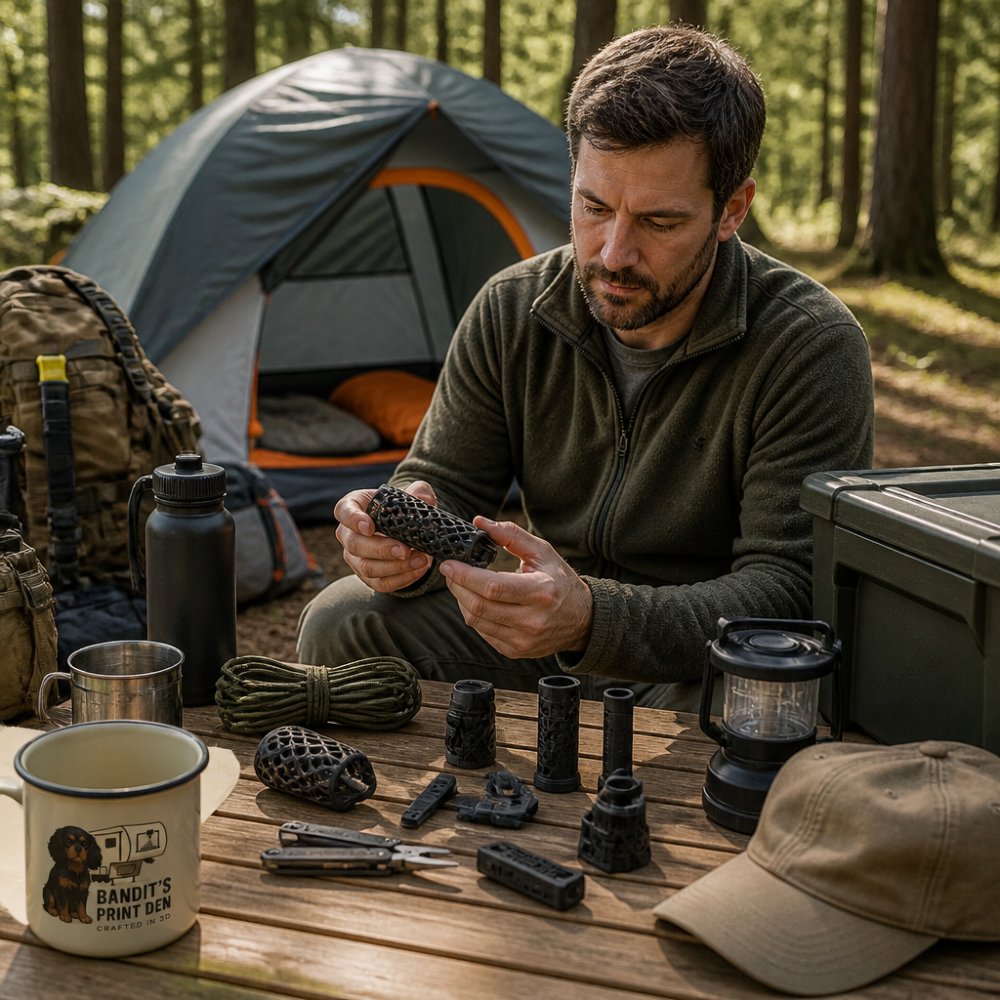 Outdoor enthusiast examining durable 3D printed gifts while setting up base camp with tent and camping gear visible in background
