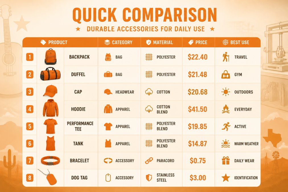 Comparison matrix of 8 TXMRB durable accessories with columns for product name, category, material, price, and best use case, showing backpack $22.40, duffel $21.48, cap $20.68, hoodie $41.50, performance tee $19.85, tank $14.87, bracelet $0.75, dog tag $3.00