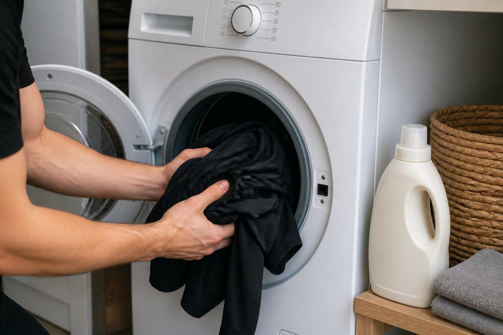 Close-up of hands placing activewear into a washing machine with a gentle detergent bottle and cold water setting visible on the dial