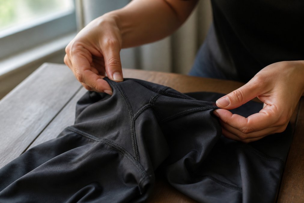 Hands inspecting the reinforced flatlock seams and gusset on durable activewear leggings in natural light.