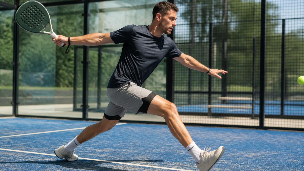 Padel player mid-swing on an outdoor glass-walled court, wearing a fitted performance top and shorts, showing the dynamic lunging movement and stretch required during play