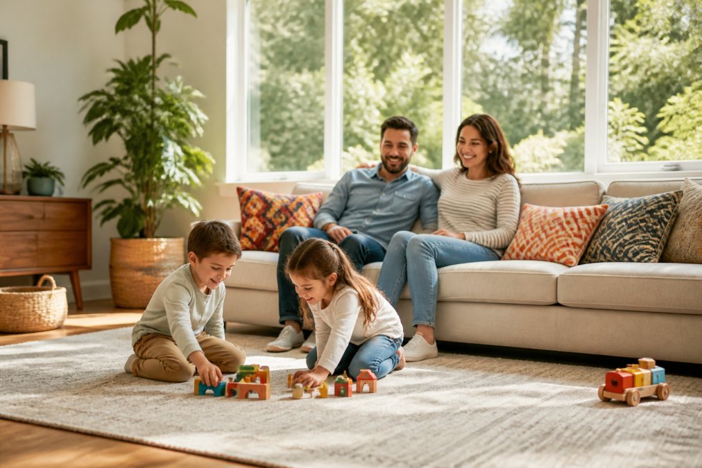 A bright living room with a young family relaxing on a stylish sofa, kids playing with toys on the floor, colorful art pillows and accents visible, natural light streaming through large windows