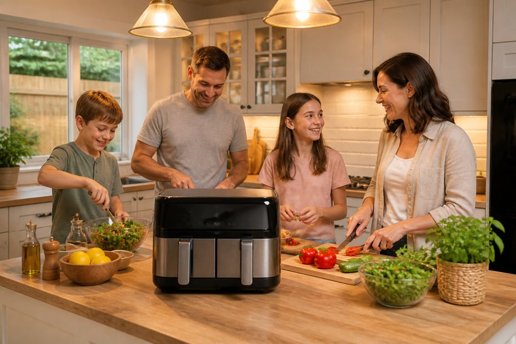 A family of four gathered around a bright modern UK kitchen counter, two children and two adults preparing food beside a dual-drawer air fryer, warm overhead lighting, ingredients laid out on a wooden chopping board