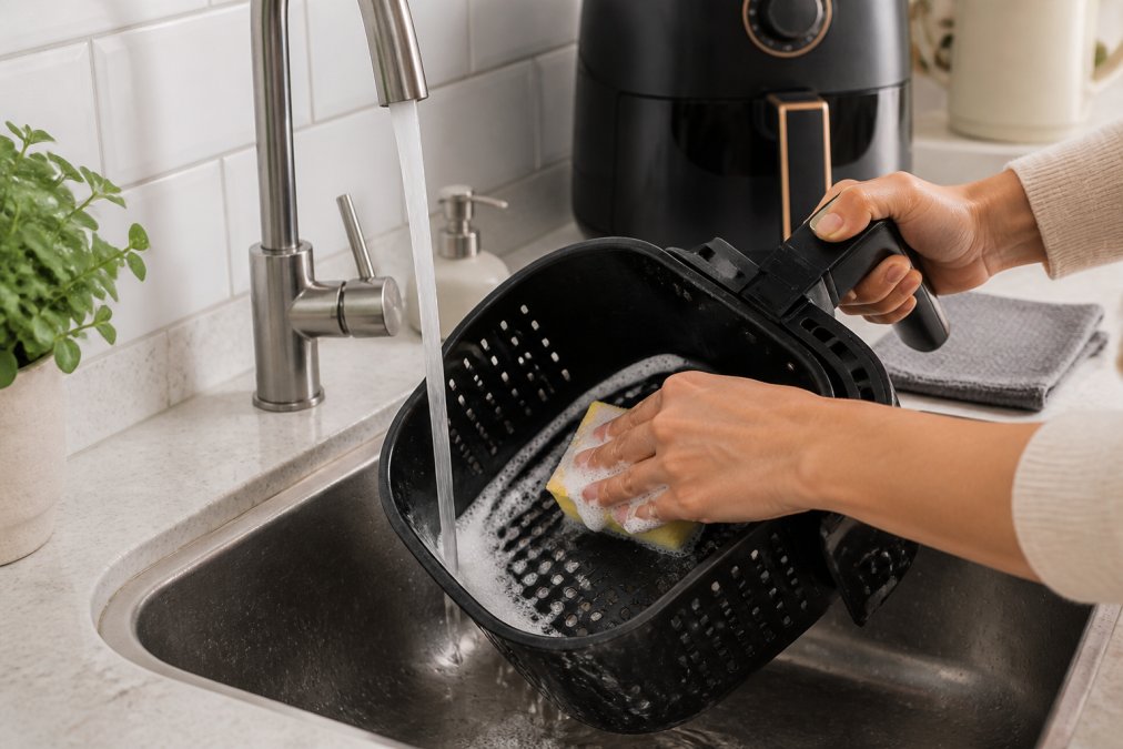 Close-up of a person's hands gently washing a non-stick air fryer basket under a kitchen tap with a soft sponge, soapy water visible, clean modern kitchen background with tiled splashback