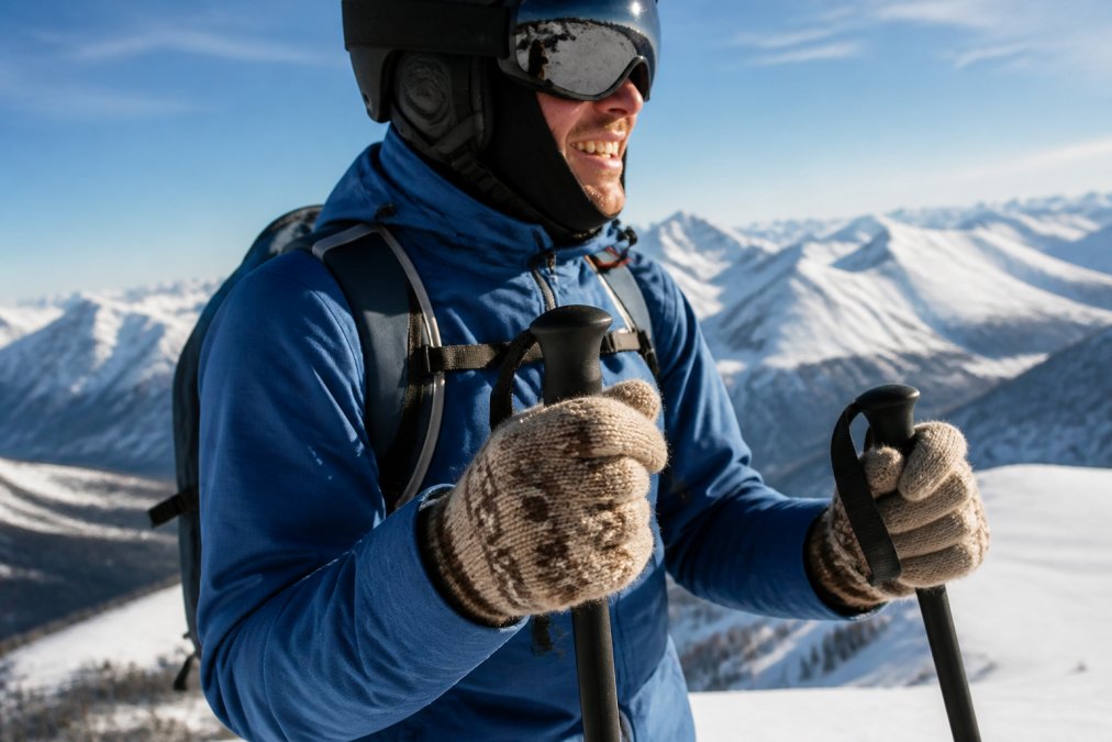 Close-up of a skier's hands wearing textured, natural-colored alpaca wool gloves against a snowy mountain backdrop with bright winter sunlight