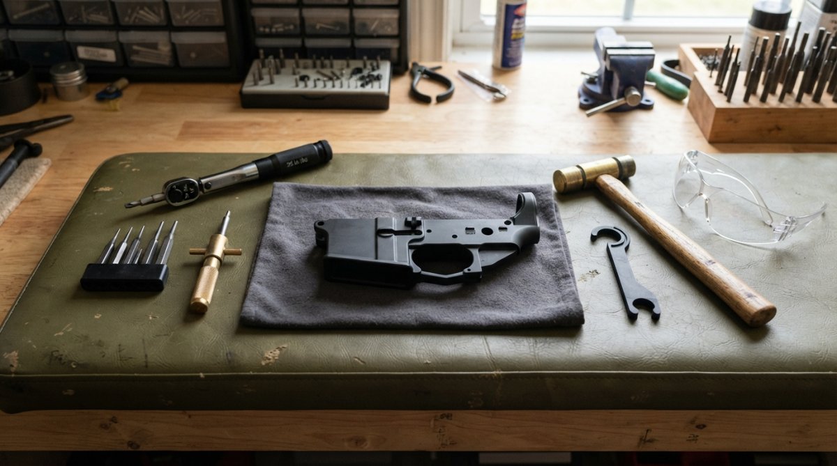 Close-up of essential assembly tools laid out on a padded workbench: torque wrench set to 25 inch-pounds, roll pin starter tool, brass punches, detent spring removal tool, small hammer, safety glasses, and a stripped aluminum lower receiver positioned in the center with protective cloth underneath