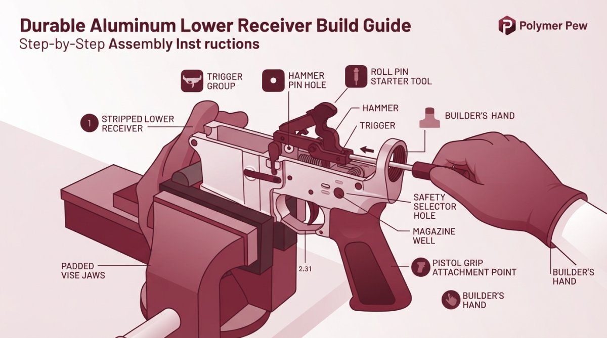 Hands of a builder installing a trigger group into a stripped aluminum lower receiver, showing proper pin alignment with a roll pin starter tool positioned at the hammer pin hole, with the receiver held in a padded vise