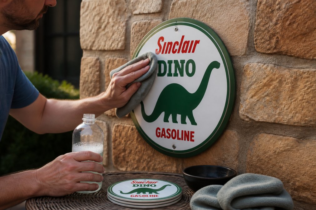 Homeowner using a soft microfiber cloth and mild soap solution to gently clean the surface of an outdoor aluminum patio sign mounted on a stone wall, with natural sunlight illuminating the cleaning process